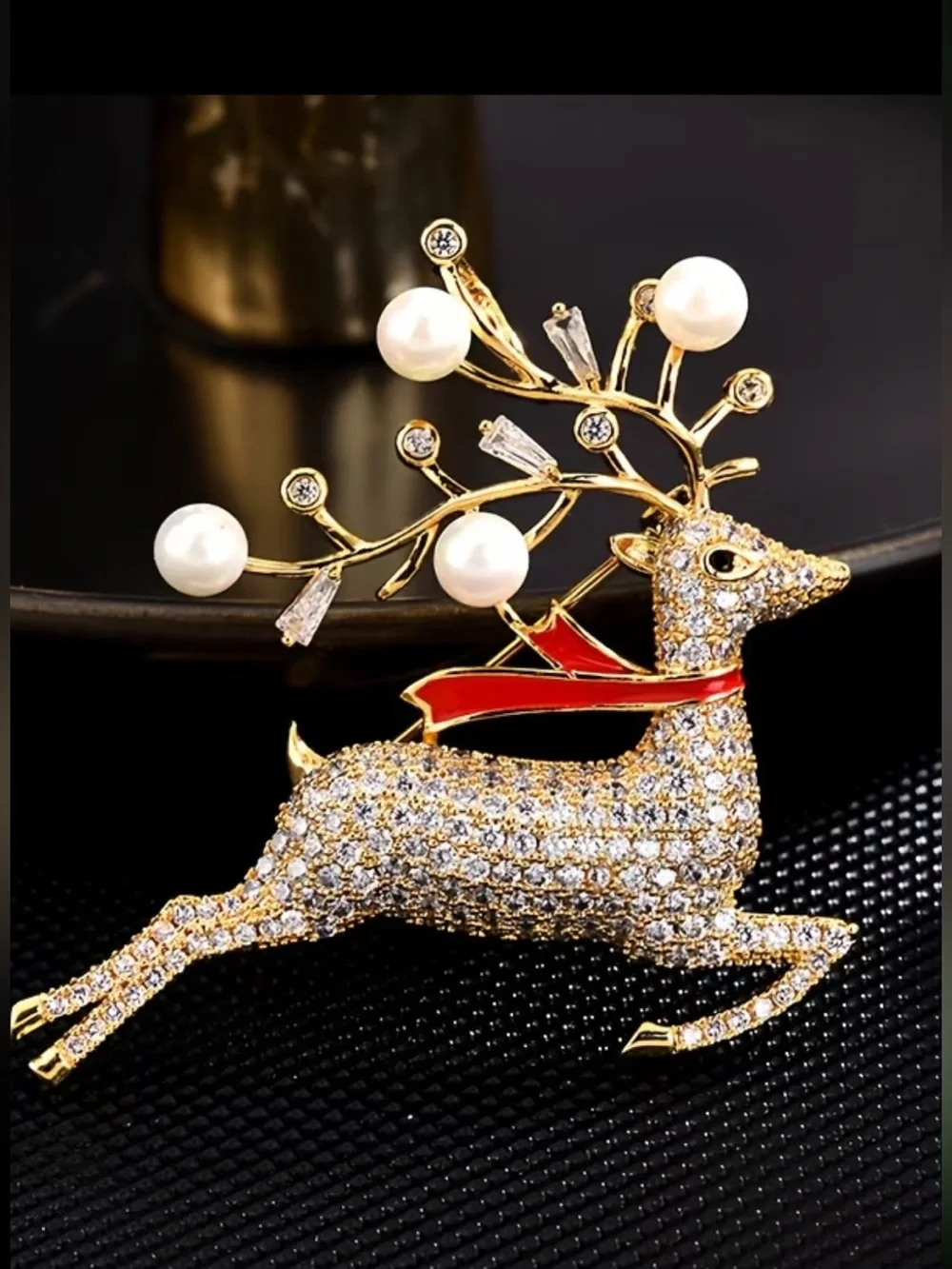 Gold Crystal Reindeer Brooch with Pearls and Red Enamel Scarf NWT